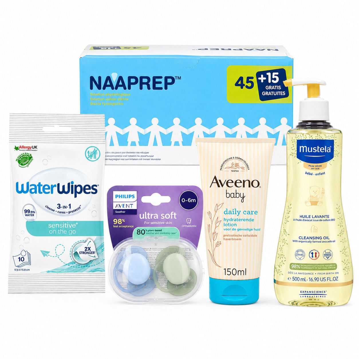 Babybox met luiers, doekjes, fopspenen, Aveeno Baby lotion en Mustela wasolie.