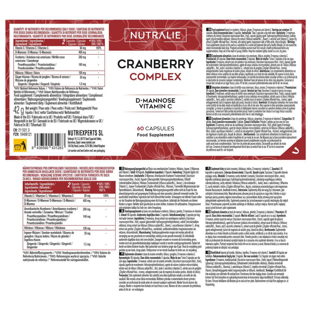 Gélules Nutralie Cranberry Complex avec D-Mannose et Vitamine C, 60 gélules.