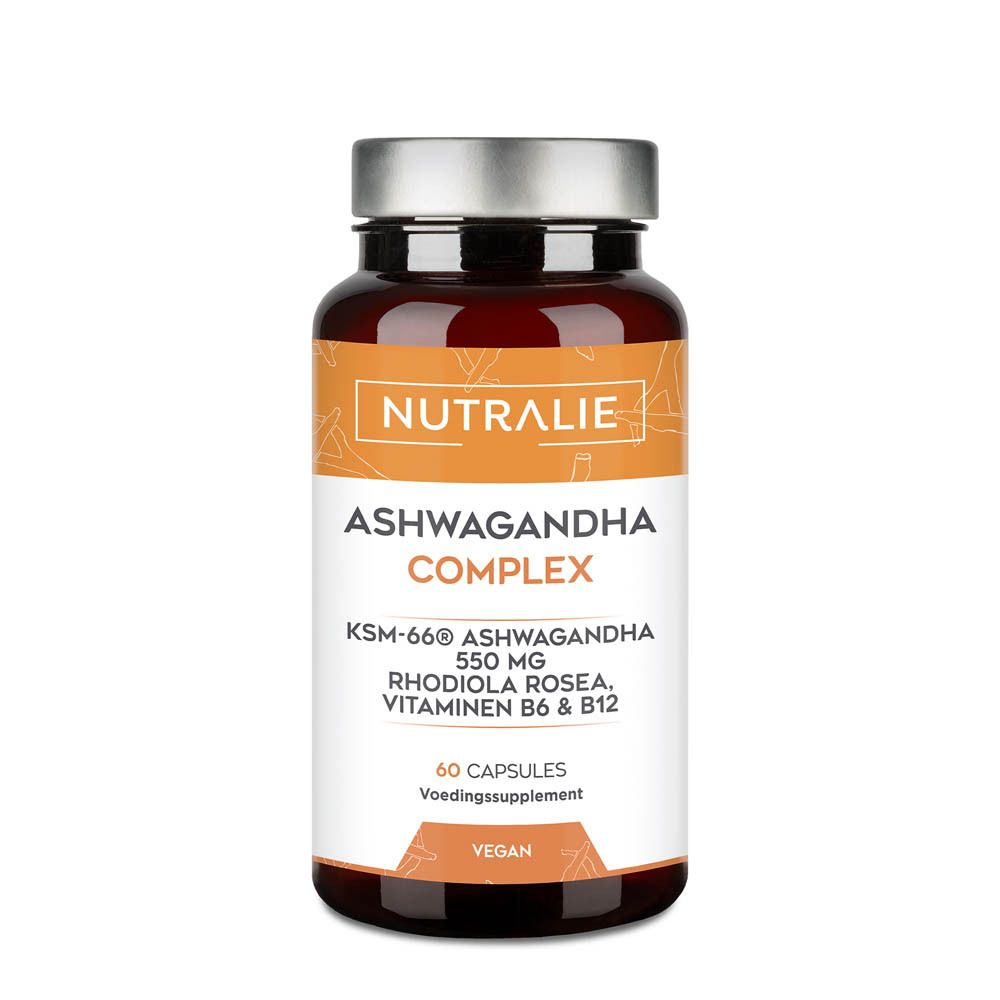 Nutralie Ashwagandha Complex KSM-66: 60 capsules. Bevat Ashwagandha KSM-66, Rhodiola Rosea, Vitamines B6 & B12.