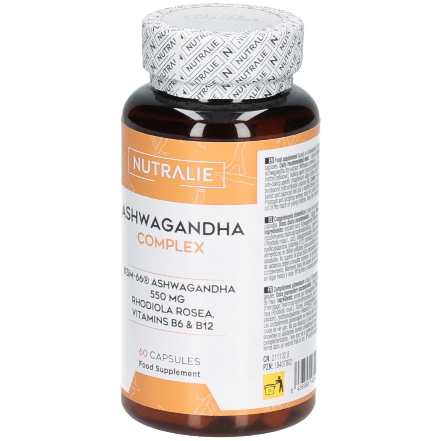 Nutralie Ashwagandha Complex KSM-66: Ashwagandha KSM-66 550mg, Extrait de Rhodiola Rosea 3%, Vitamines B6 & B12.