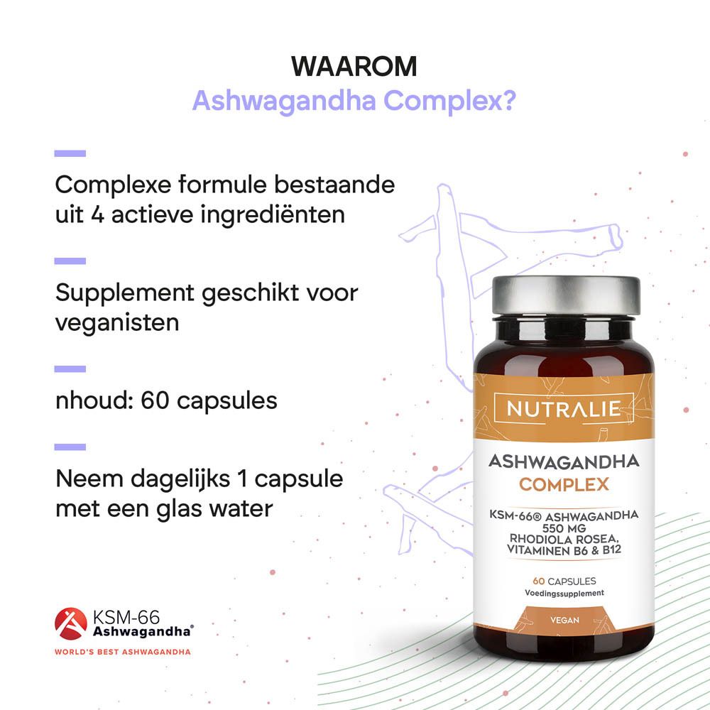 Nutralie Ashwagandha Complex: Vrouw in meditatie. Complexe formule met Ashwagandha KSM-66, Rhodiola Rosea, Vitamines B6 & B12.