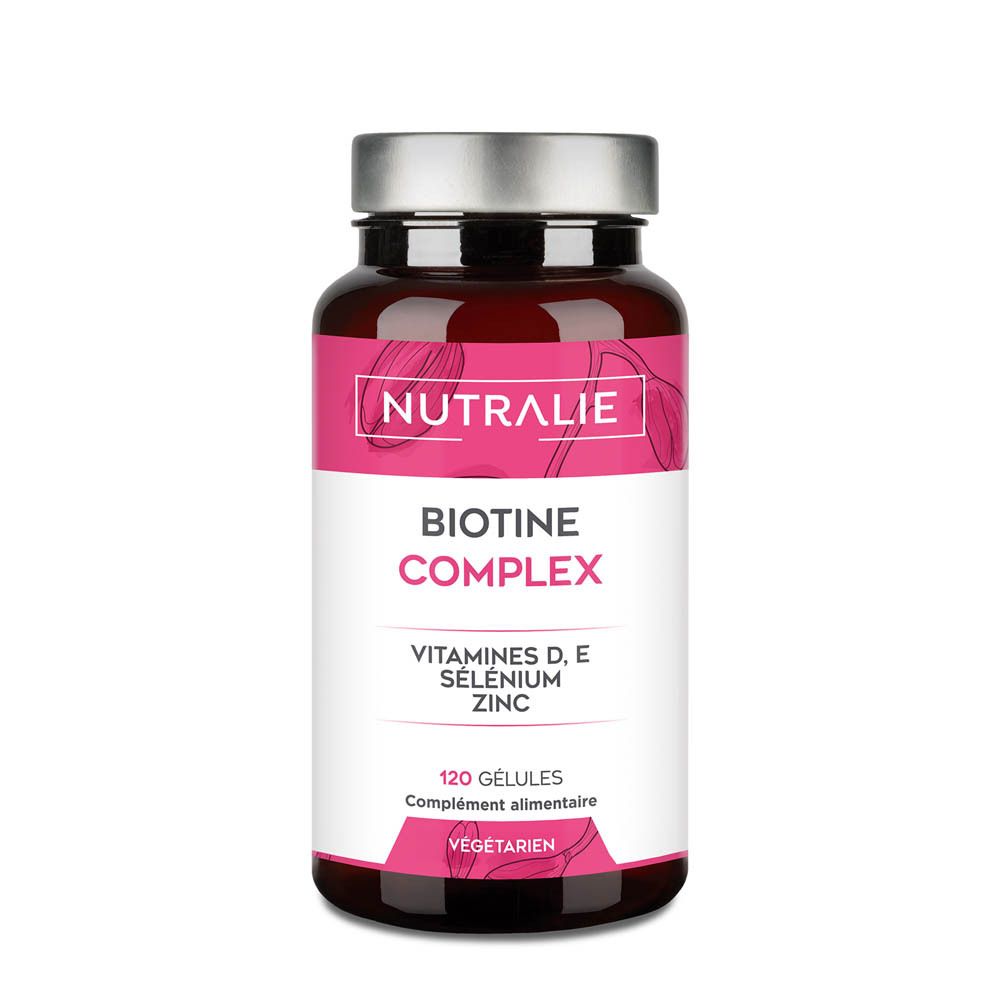 Bouteille Nutralie Biotine Complex 120 gélules, Vitamines D, E, Sélénium, Zinc. 100% végétarien.