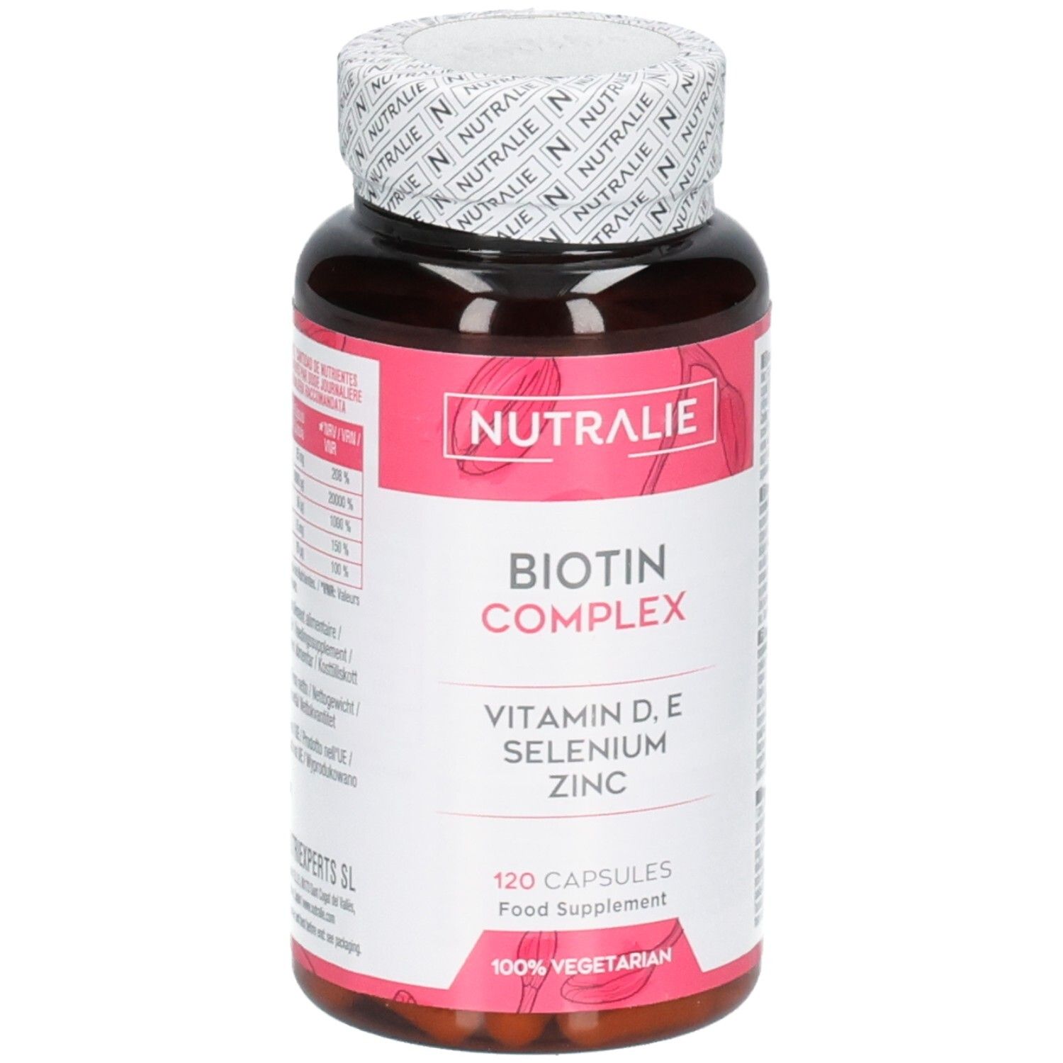 Nutralie Biotine Complex fles met 120 capsules, Vitamine D, E, Selenium, Zink. 100% vegetarisch.