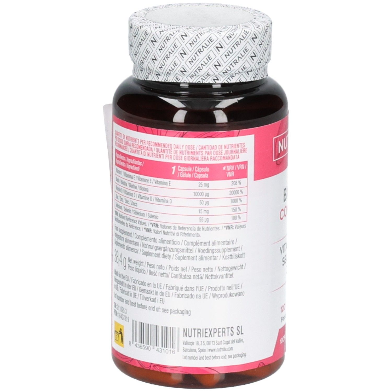 Achterkant van de Nutralie Biotine Complex fles met voedingswaarde-informatie en ingrediënten.