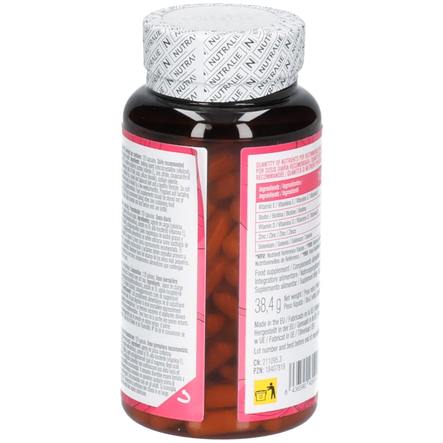 Zijaanzicht van de Nutralie Biotine Complex fles met gewichtsaanduiding 38,4g.