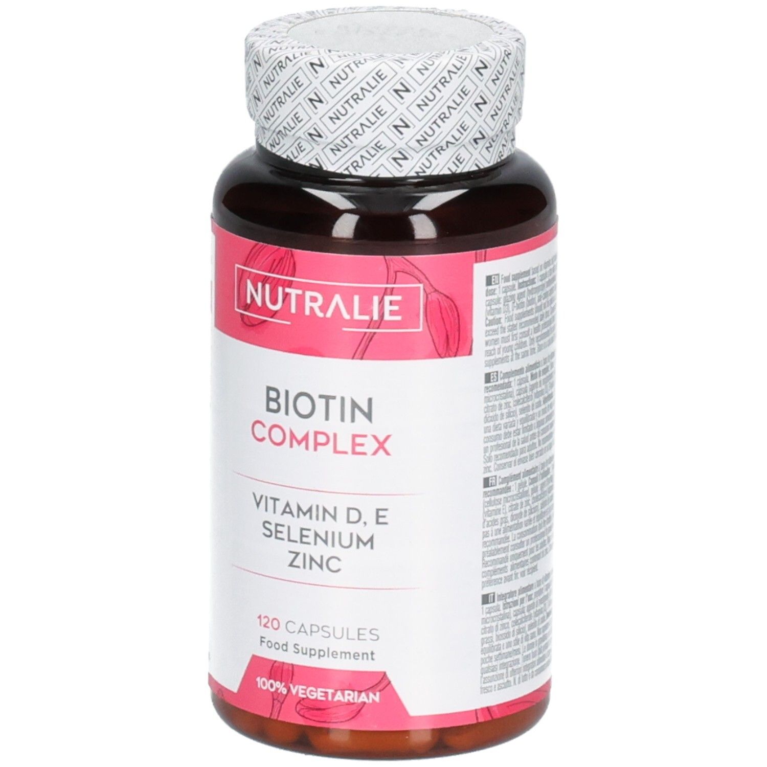 Nutralie Biotine Complex fles met 120 capsules, Vitamine D, E, Selenium, Zink. 100% vegetarisch.