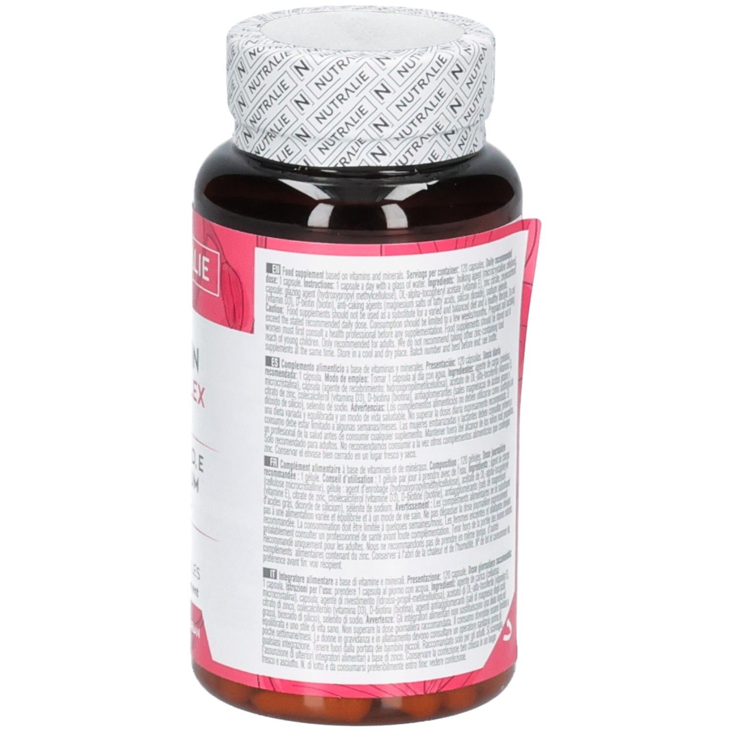 Achterkant van de Nutralie Biotine Complex fles met gedetailleerde informatie.