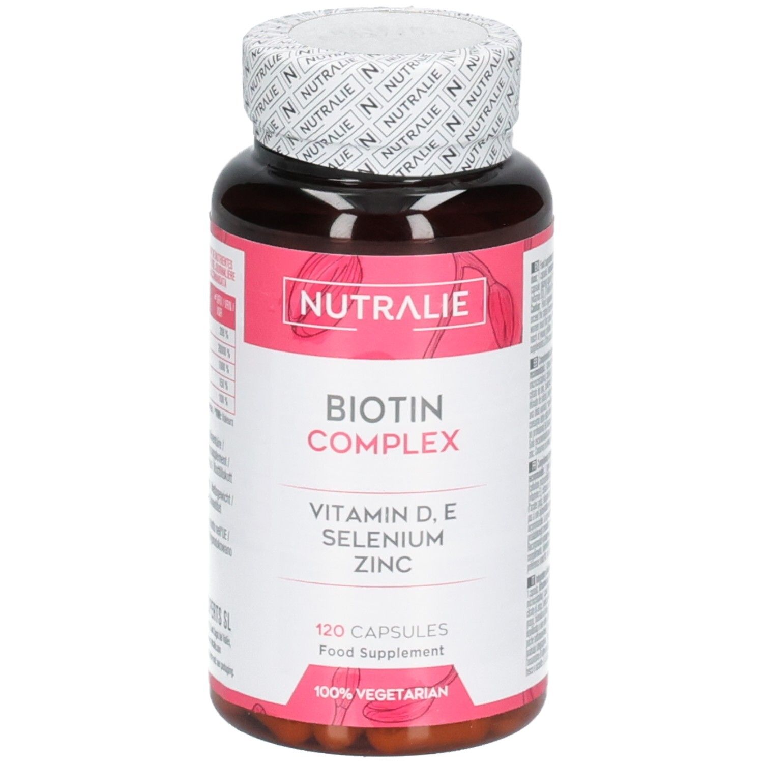Nutralie Biotine Complex fles met 120 capsules, Vitamine D, E, Selenium, Zink. 100% vegetarisch.
