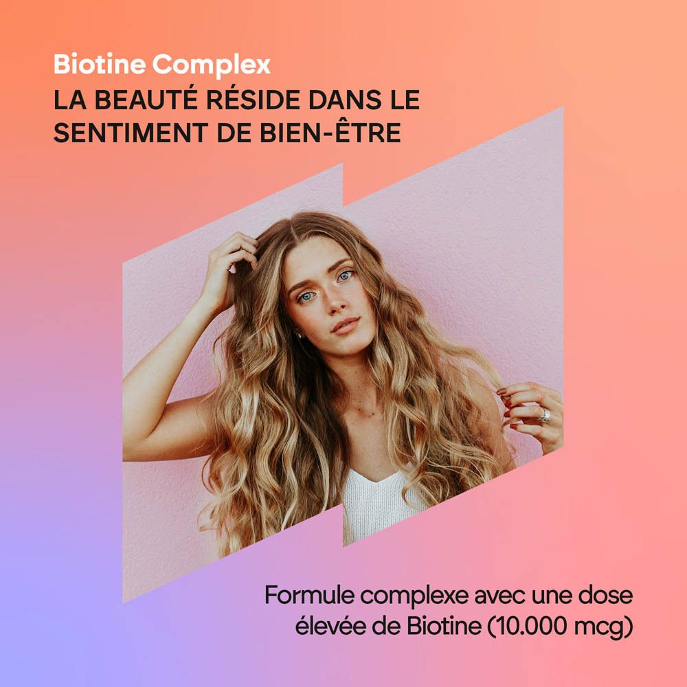 Arrière de la bouteille Nutralie Biotine Complex avec tableau nutritionnel et ingrédients.