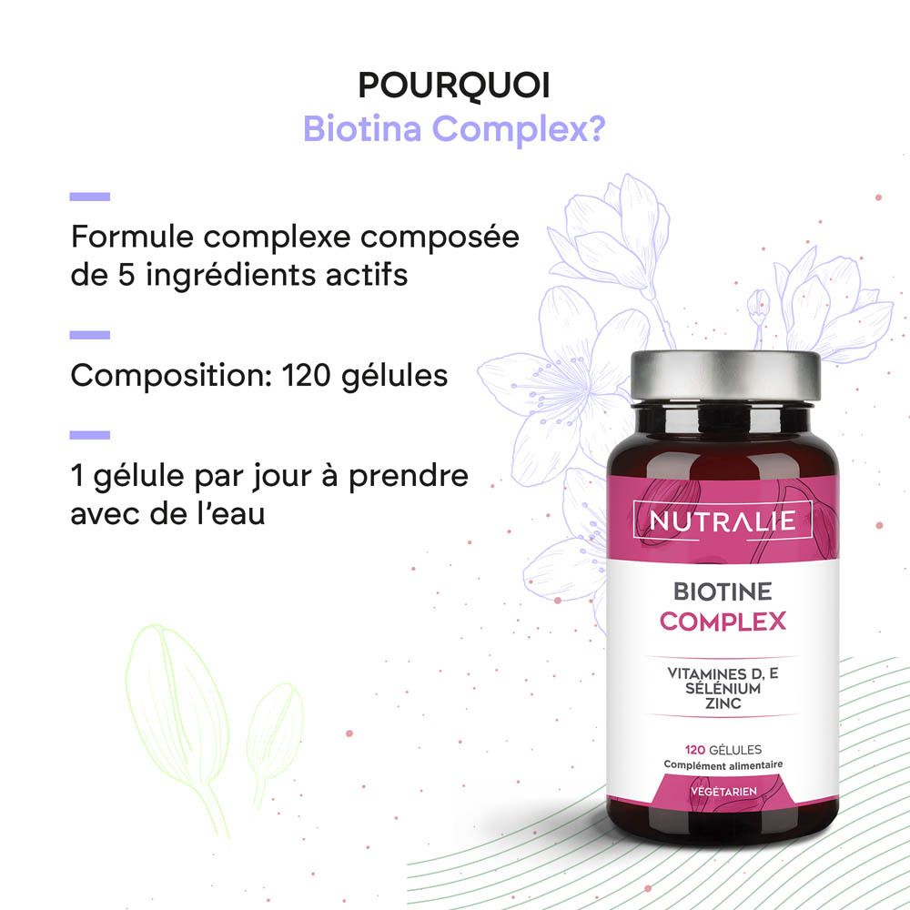 Vue latérale de la bouteille Nutralie Biotine Complex avec indication de poids 38,4g.