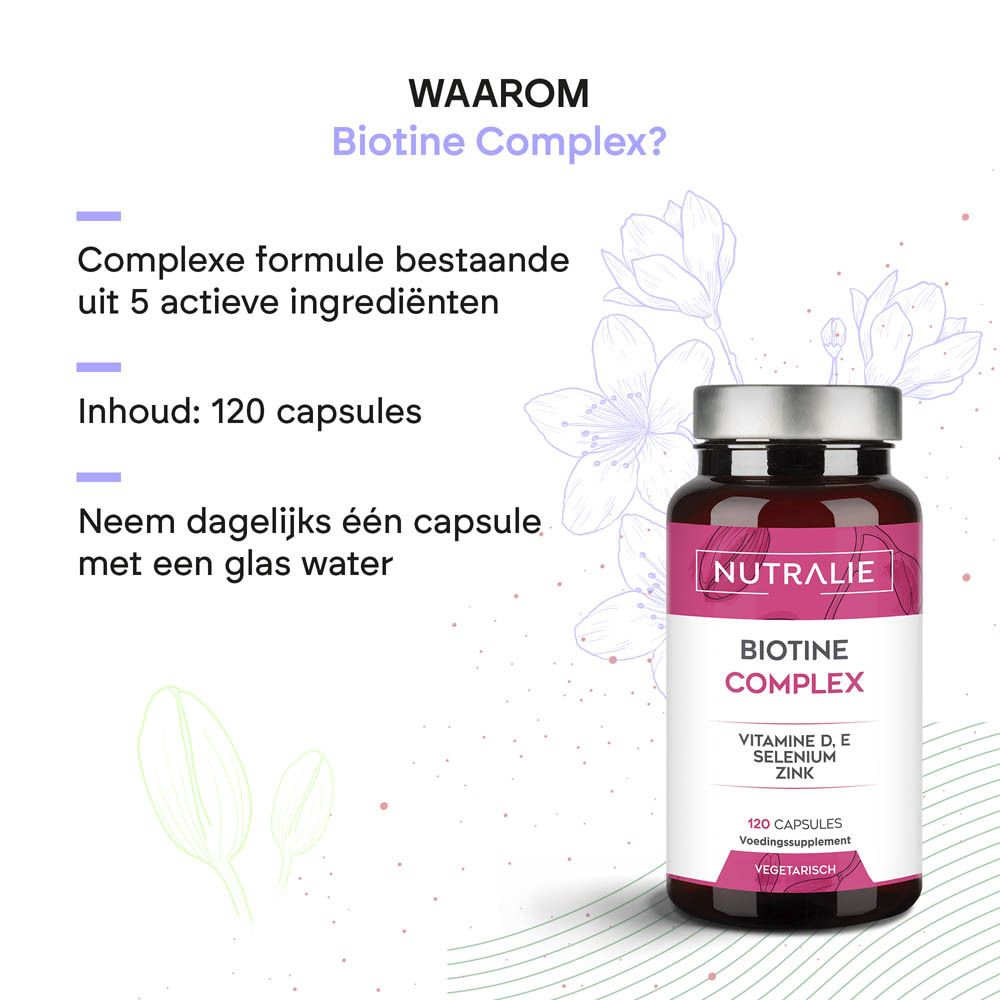 Zijaanzicht van de Nutralie Biotine Complex fles met gewichtsaanduiding 38,4g.