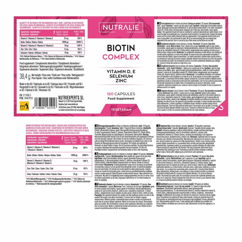 Nutralie Biotine Complex fles met 120 capsules, Vitamine D, E, Selenium, Zink. 100% vegetarisch.
