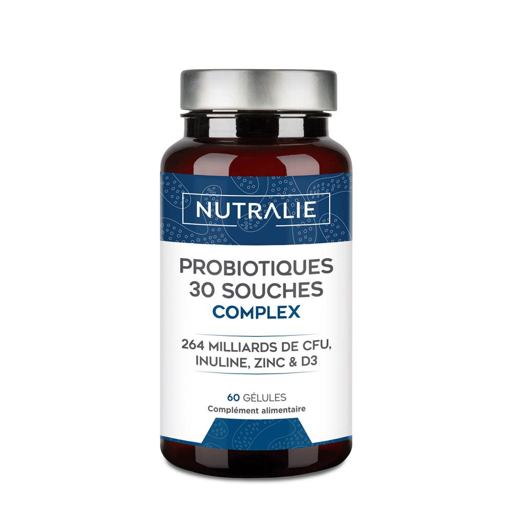 Bouteille de capsules brunes Nutralie Probiotiques 30 souches complexe, 60 gélules.