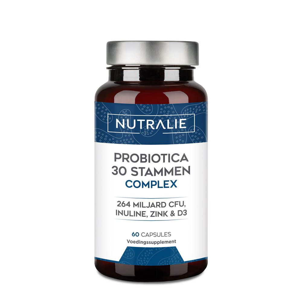 Bruine capsulefles Nutralie Probiotica 30 stammen complex etiket, 60 capsules.