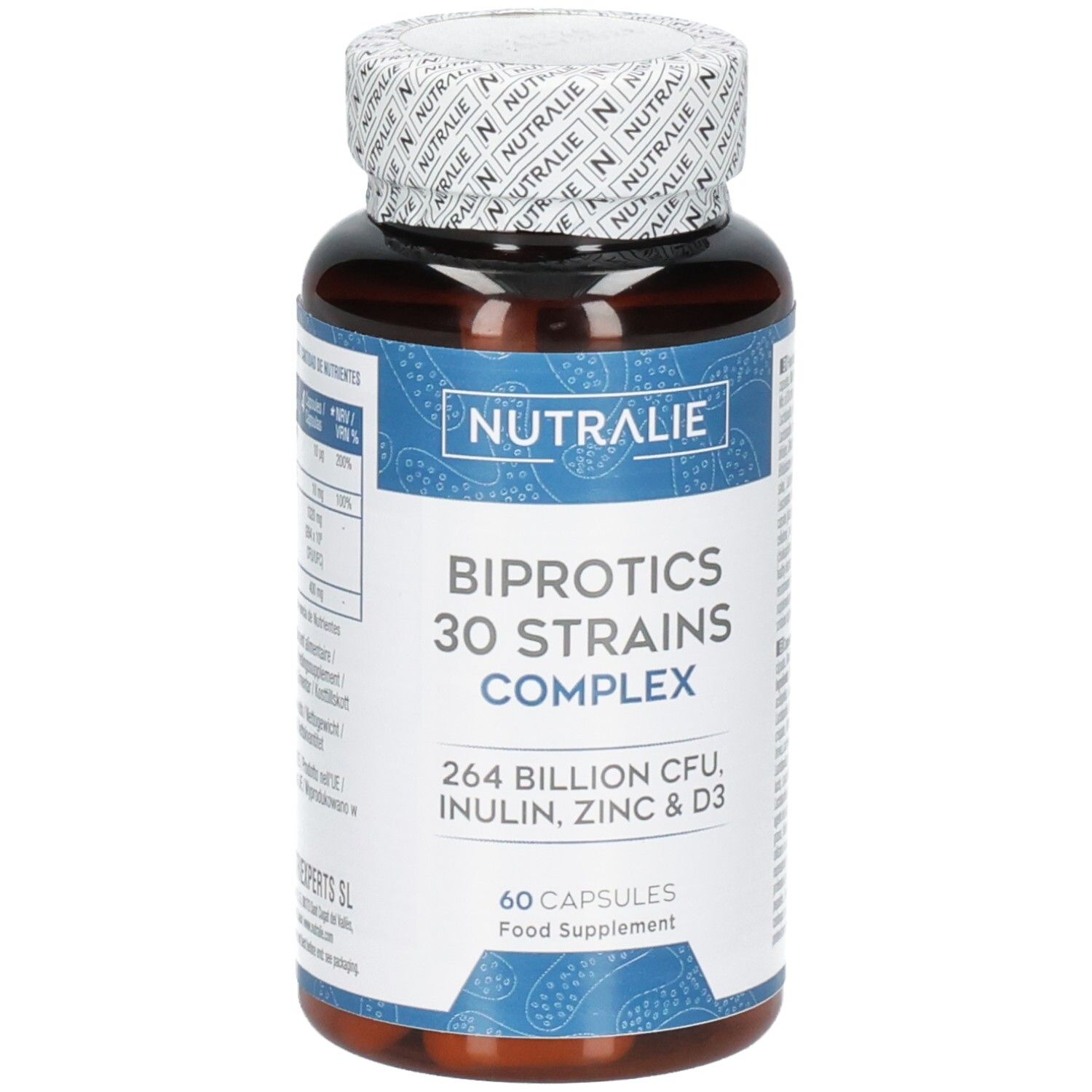 Bruine capsulefles Nutralie Biprotics 30 stammen complex etiket, 60 capsules.