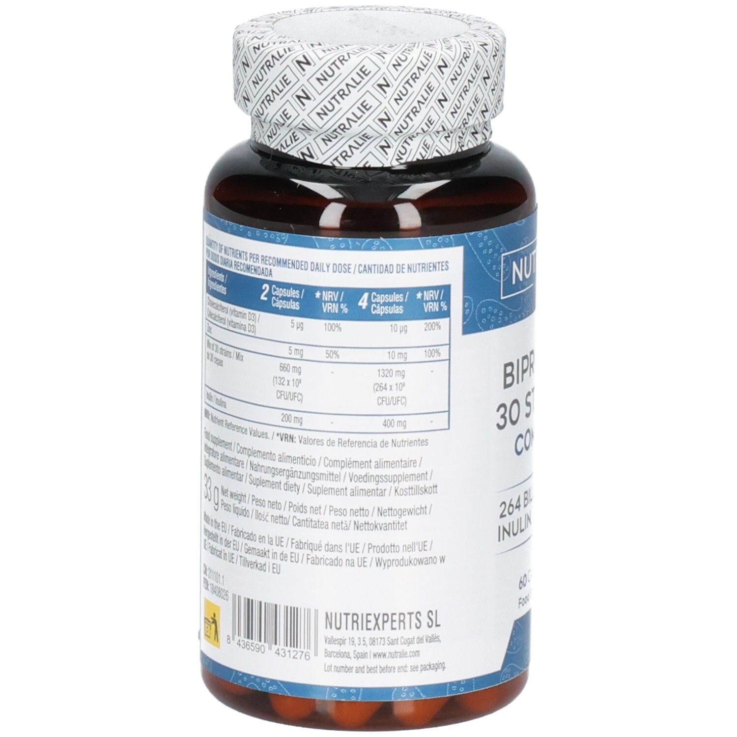 Achterkant van een bruine capsulefles Nutralie Biprotics 30 stammen complex etiket met voedingsinformatie.