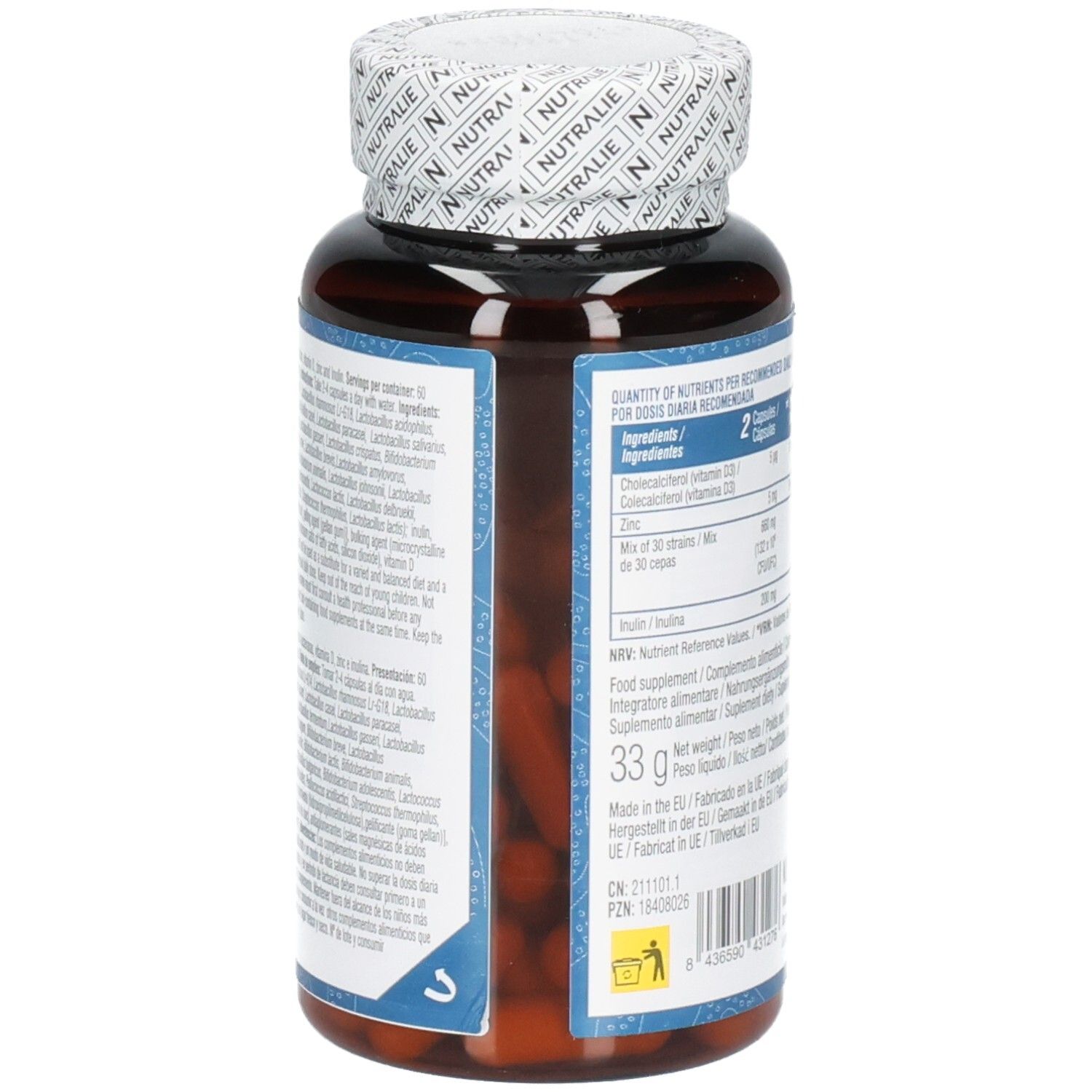 Zijkant van een bruine capsulefles Nutralie Biprotics 30 stammen complex etiket met gedetailleerde ingrediënten.