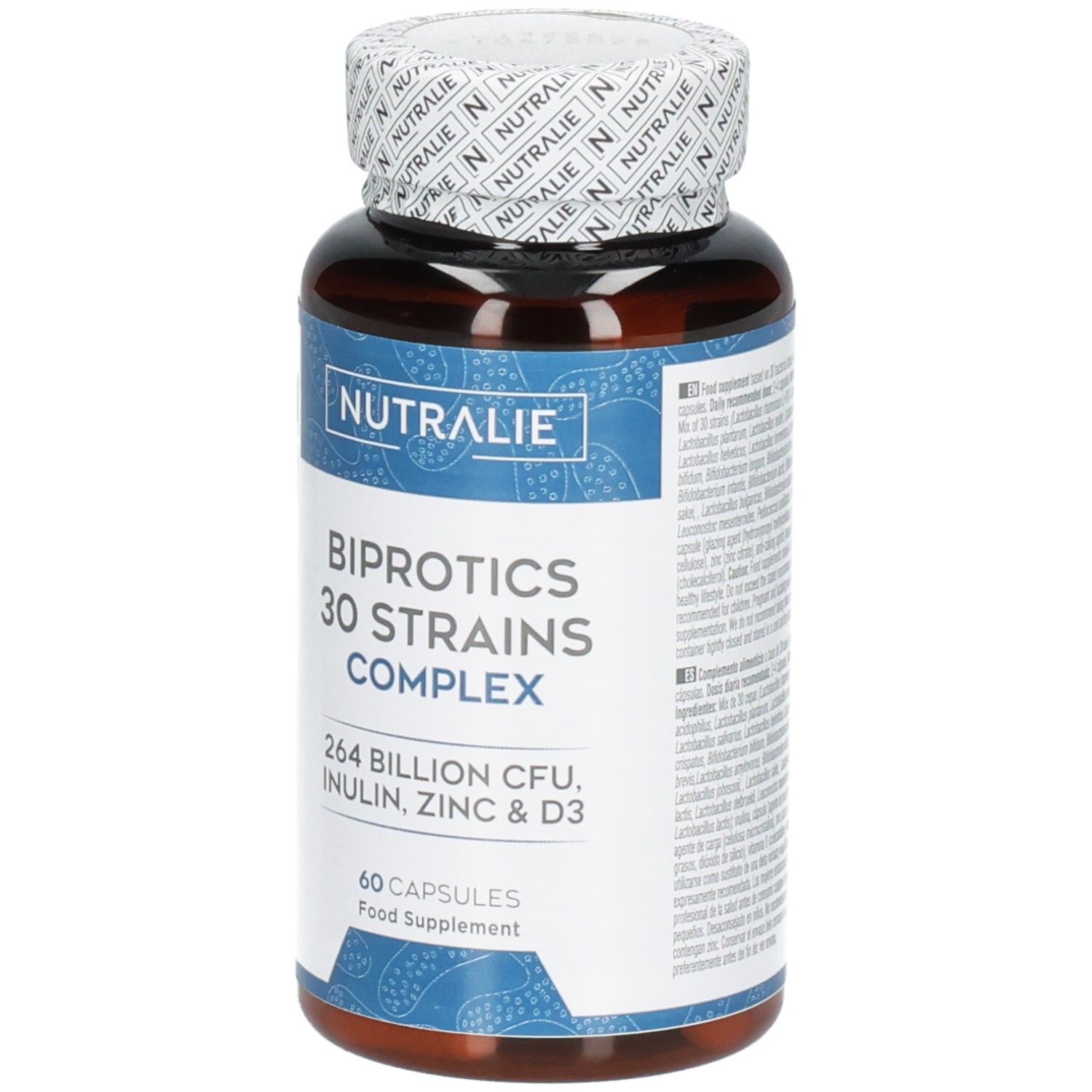 Bruine capsulefles Nutralie Biprotics 30 stammen complex etiket, 60 capsules, vooraanzicht.