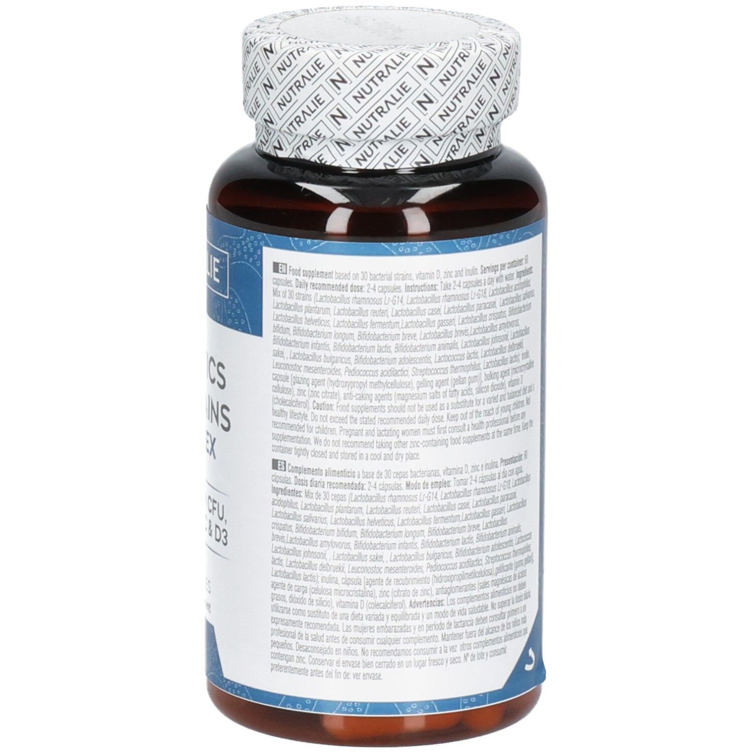 Achterkant van een bruine capsulefles Nutralie Biprotics 30 stammen complex etiket met gedetailleerde informatie.