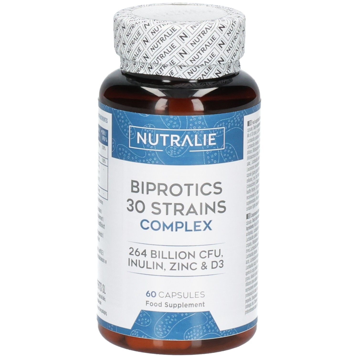 Bruine capsulefles Nutralie Biprotics 30 stammen complex etiket, 60 capsules, licht schuin.
