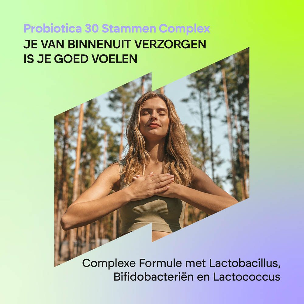 Achterkant van een bruine capsulefles Nutralie Probiotica 30 stammen complex etiket met voedingsinformatie.