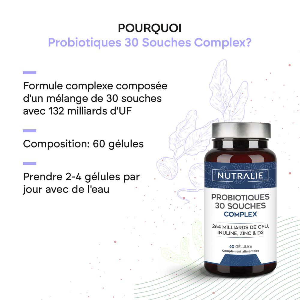 Côté d'une bouteille de capsules brunes Nutralie Probiotiques 30 souches complexe avec ingrédients détaillés.