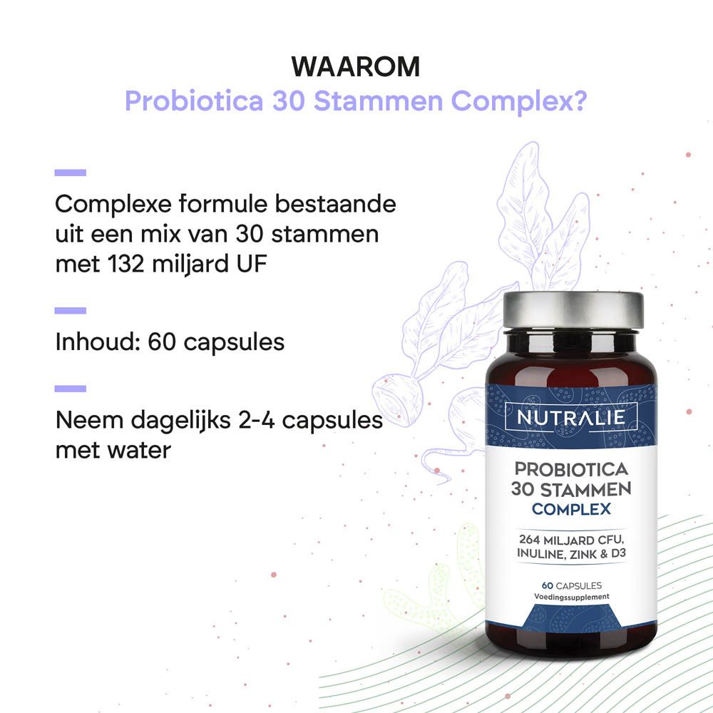 Zijkant van een bruine capsulefles Nutralie Probiotica 30 stammen complex etiket met gedetailleerde ingrediënten.