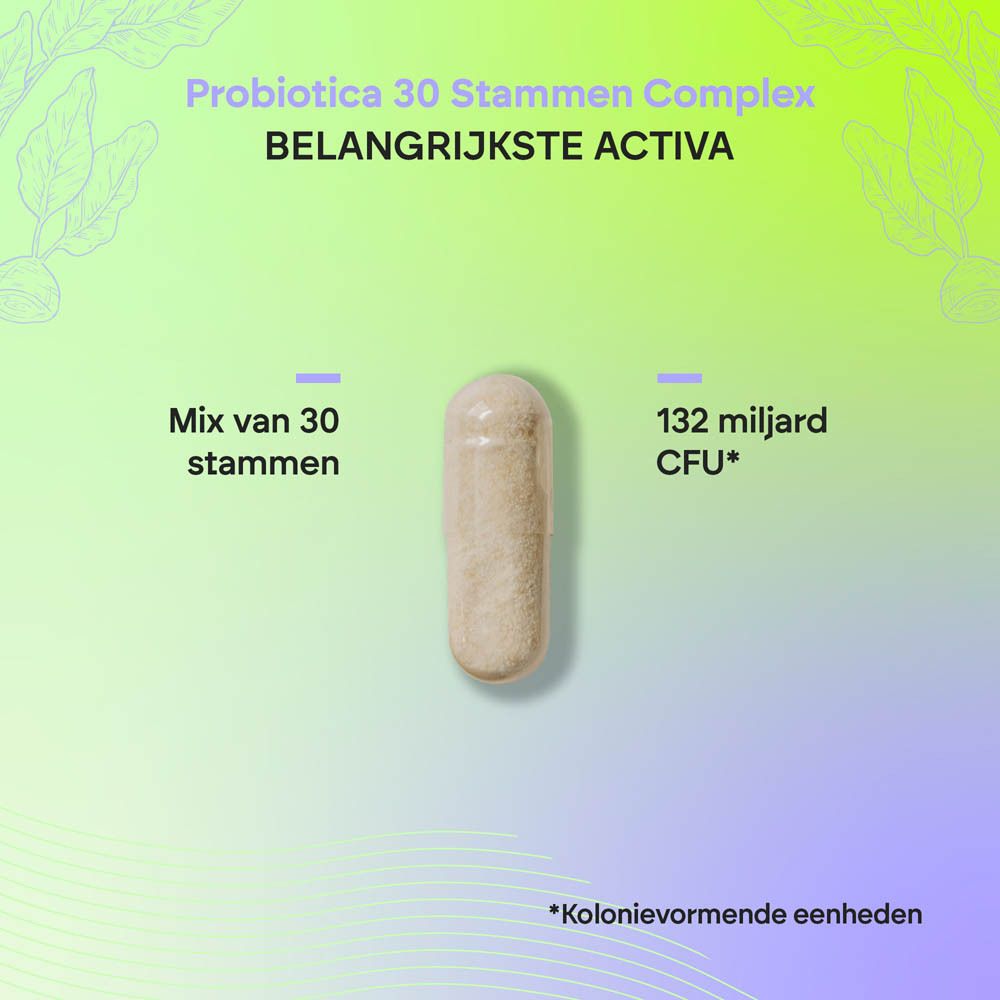 Bruine capsulefles Nutralie Probiotica 30 stammen complex etiket, 60 capsules, vooraanzicht.