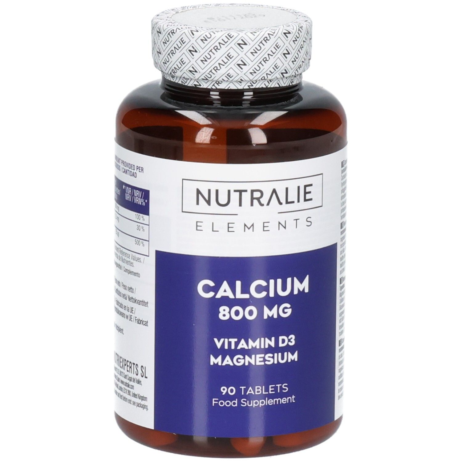 Bouteille brune Nutralie Calcium 800 mg, Vitamine D3, Magnésium, 90 comprimés.