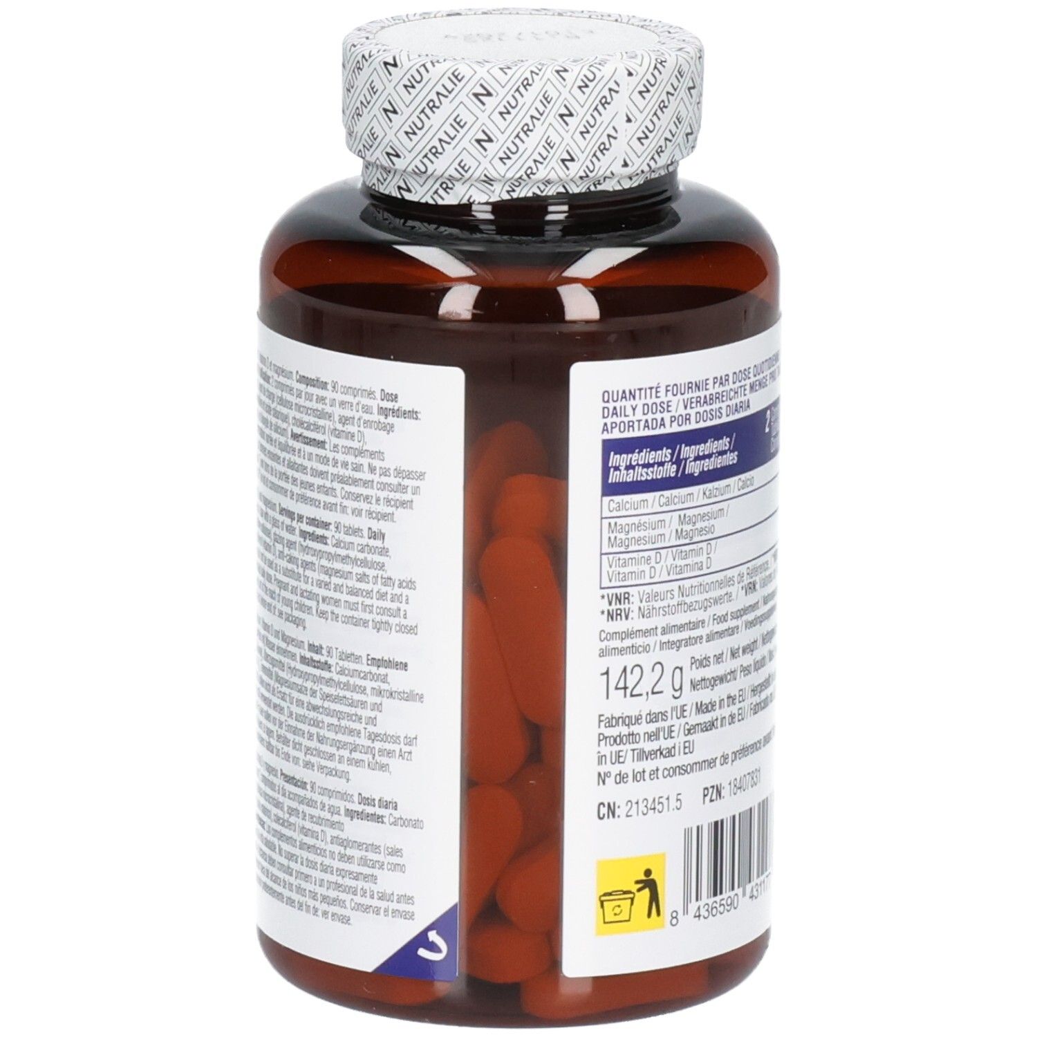 Arrière d'une bouteille Nutralie Calcium 800 mg avec liste d'ingrédients détaillée et informations fabricant.