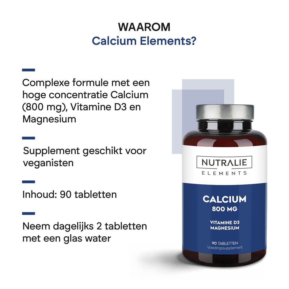 Fles Nutralie Calcium 800 mg, 90 tabletten, voedingssupplement.