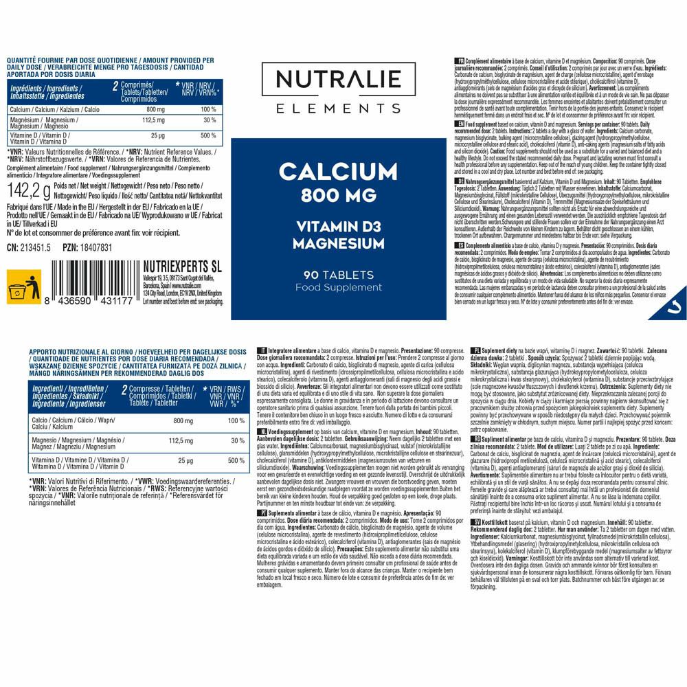 Fles Nutralie Calcium 800 mg, met informatie over de belangrijkste actieve bestanddelen: Calcium, Vitamine D3, Magnesium.