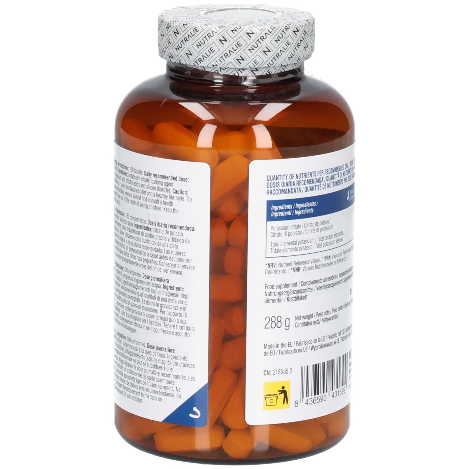 Vue latérale d'une bouteille Nutralie Citrate de Potassium avec étiquette.