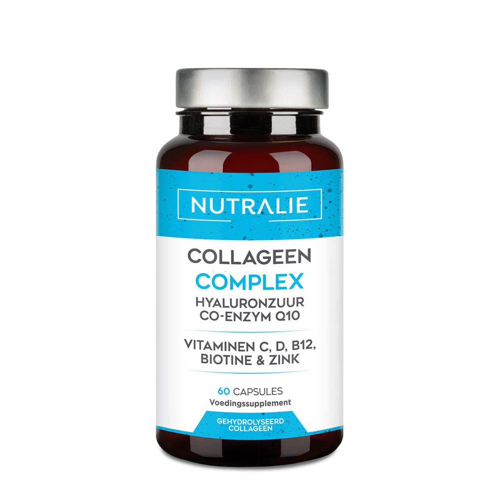 Nutralie Collageen Complex fles met 60 capsules. Bevat collageen, hyaluronzuur, co-enzym Q10, vitamines en zink.