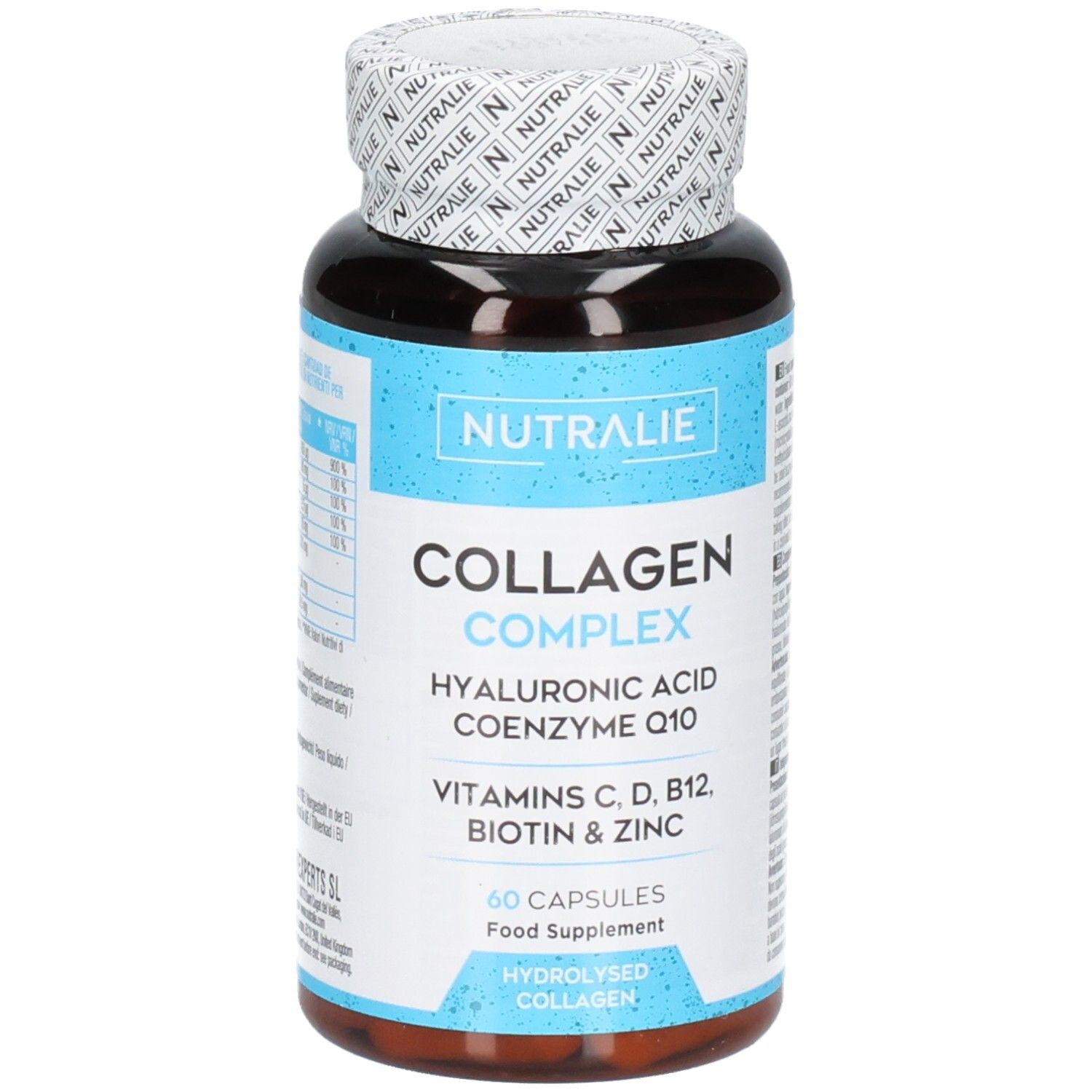 Bouteille Nutralie Collagène Complex de 60 gélules. Contient collagène, acide hyaluronique, coenzyme Q10, vitamines et zinc.