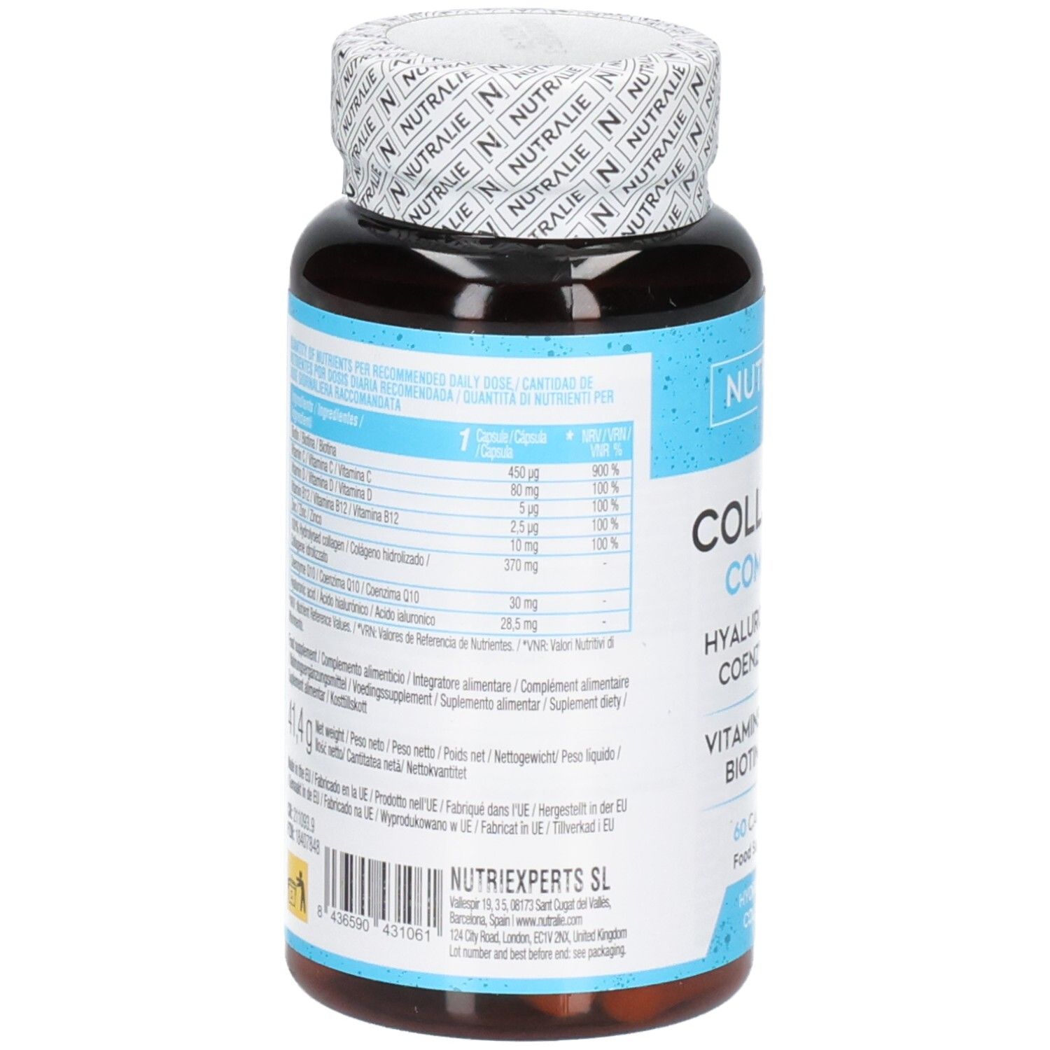 Arrière de la bouteille Nutralie Collagène Complex avec informations nutritionnelles et ingrédients.