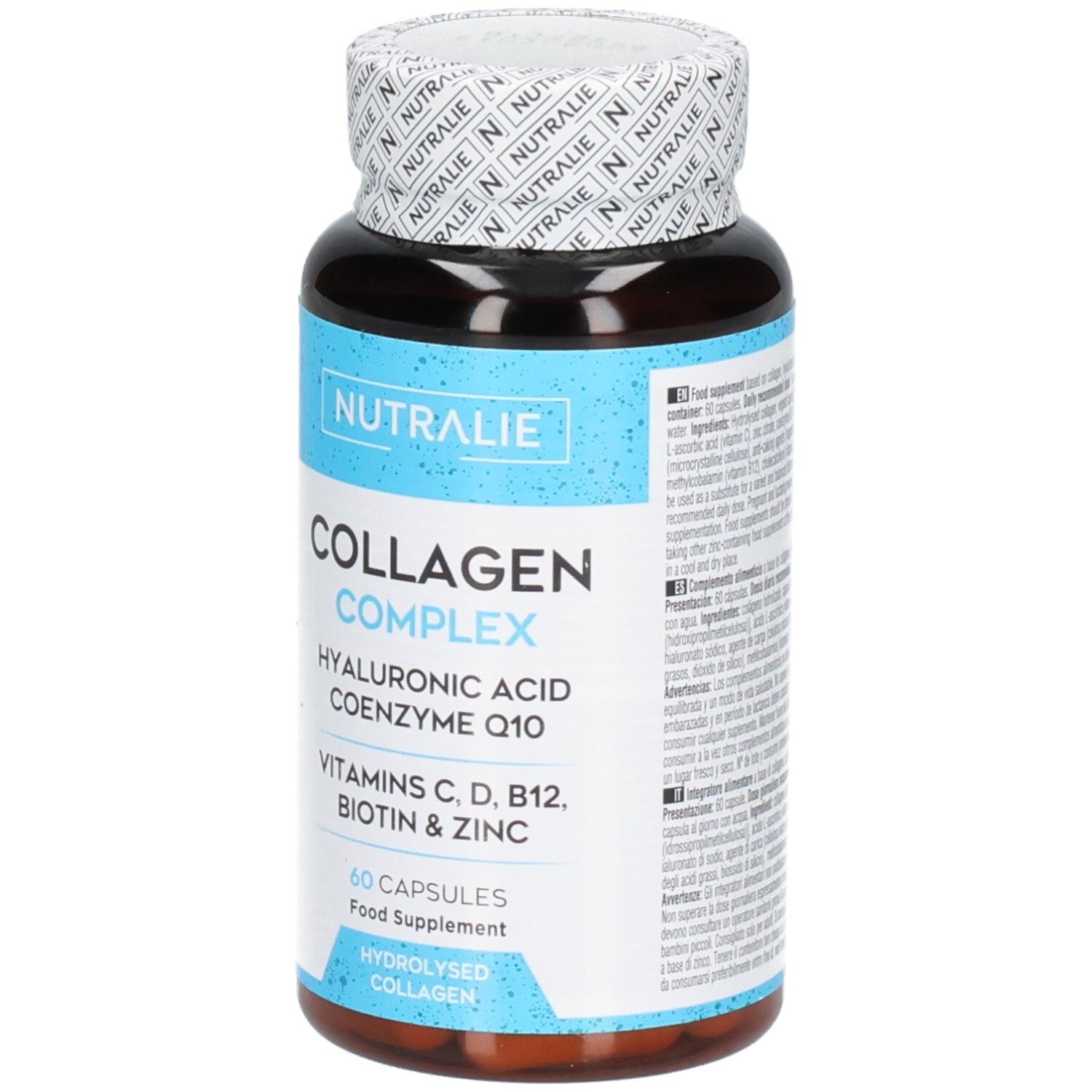 Bouteille Nutralie Collagène Complex de 60 gélules, informations produit détaillées sur l'étiquette.