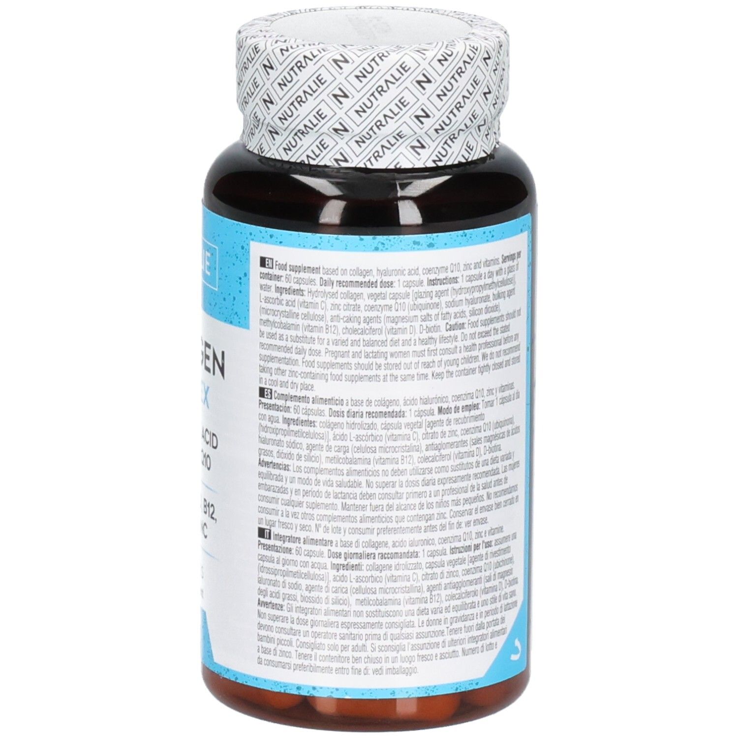 Bouteille Nutralie Collagène Complex de 60 gélules, informations détaillées sur les ingrédients et l'utilisation.