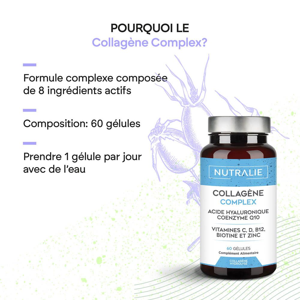 Vue latérale de la bouteille Nutralie Collagène Complex avec informations détaillées sur les ingrédients.