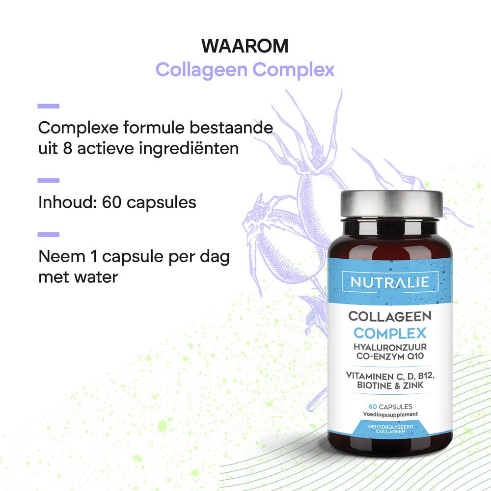 Zijaanzicht van de Nutralie Collageen Complex fles met gedetailleerde ingrediënteninformatie.