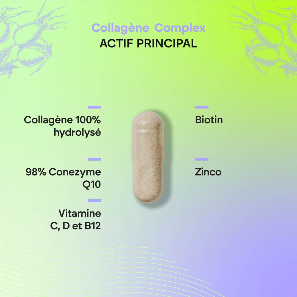 Bouteille Nutralie Collagène Complex de 60 gélules, informations produit détaillées sur l'étiquette.