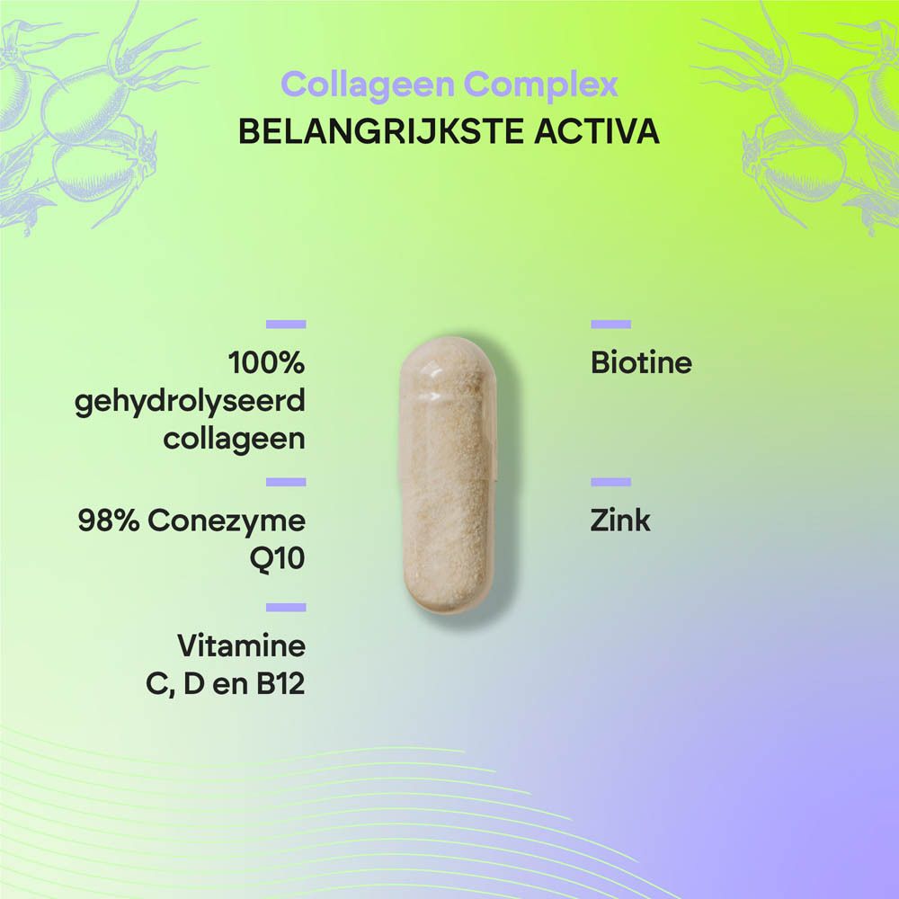 Nutralie Collageen Complex fles met 60 capsules, gedetailleerde productinformatie op het etiket.