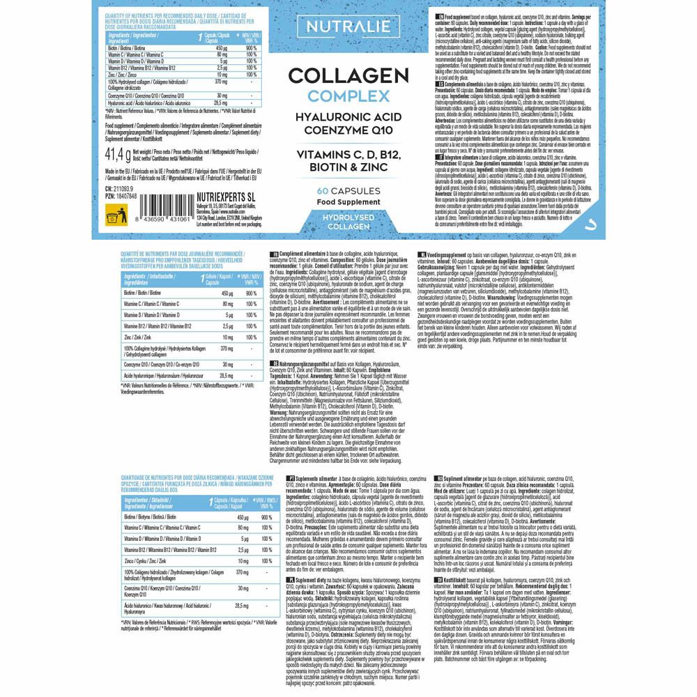 Nutralie Collageen Complex fles met 60 capsules, vooraanzicht met etiketdetails.