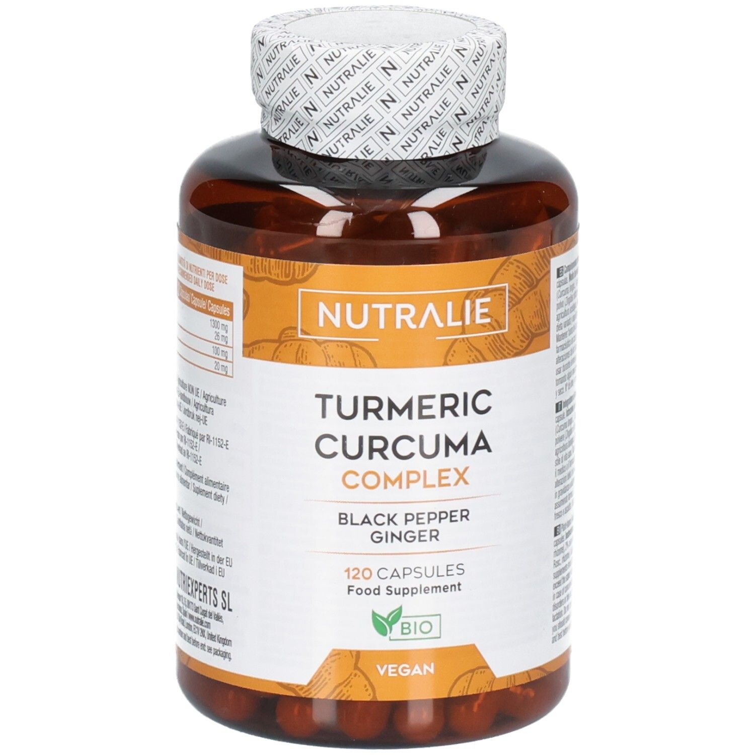 Gélules Nutralie Curcuma Complex avec poivre noir et gingembre. 120 gélules, Bio, Vegan.