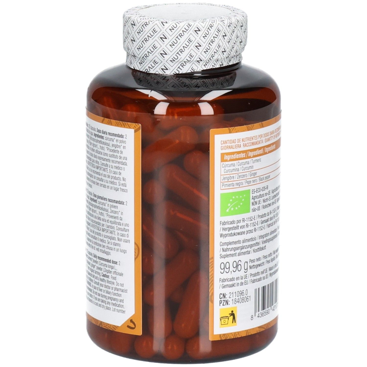 Vue latérale de la boîte Nutralie Curcuma Complex, remplie de gélules brunes. 120 pièces.