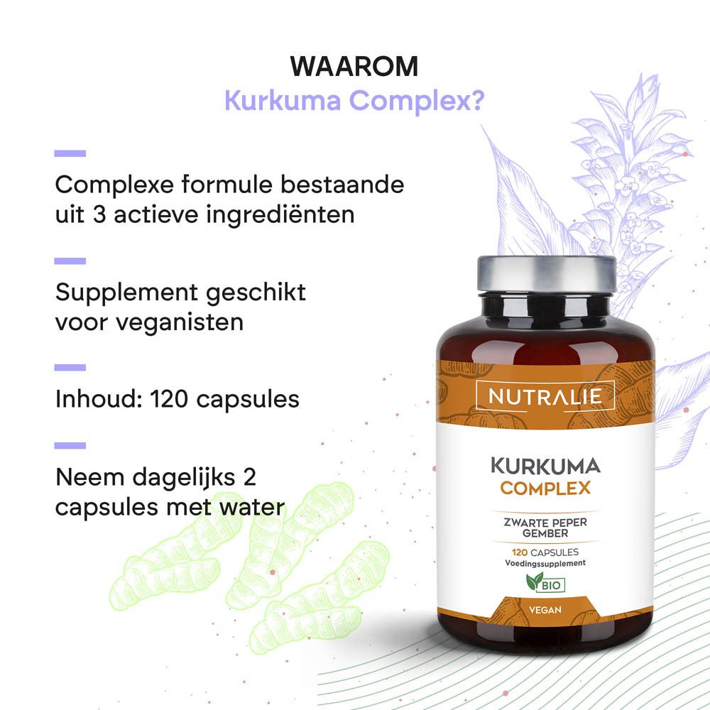 Zijaanzicht van de Nutralie Kurkuma Complex pot, gevuld met bruine capsules. 120 stuks.