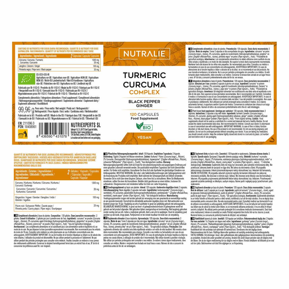 Gélules Nutralie Curcuma Complex avec poivre noir et gingembre. 120 gélules, Bio, Vegan.