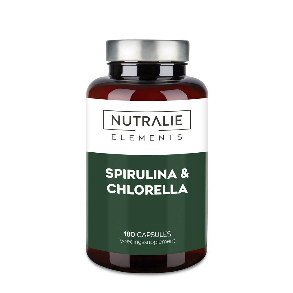 Fles Nutralie Spirulina & Chlorella Elements, 180 capsules, voedingssupplement.