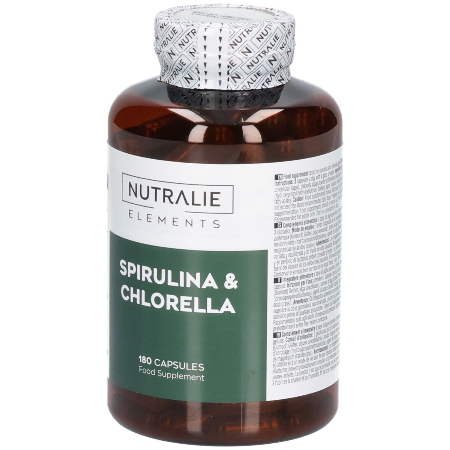 Avant d'une bouteille Nutralie Spiruline & Chlorella avec étiquette, 180 gélules.