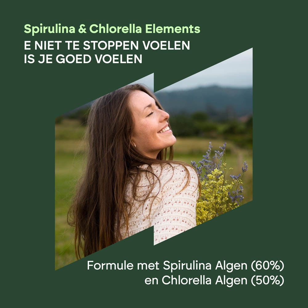 Lachende vrouw buiten, met tekst over Nutralie Spirulina & Chlorella Elements.